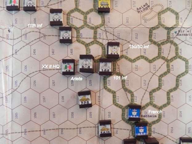 XX Italian impulse The final chit is Rommel, who passes his activation check. Rommel is stacked with 15 Panzer. The stack moves to attack the understrength 7/7 Infantry just west of Retma.