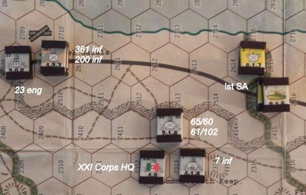 XXI Corps impulse 50th Infantry renews its attack on 66/101 Infantry, bringing up 3 SA A/C to make up