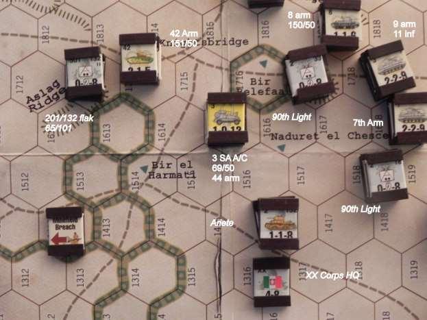 XX Corps impulse 1st Armour keeps the pressure on Rommel by scraping together whatever it can to attack. The tank battle eliminates two depleted Crusader units and reduces a panzer unit.