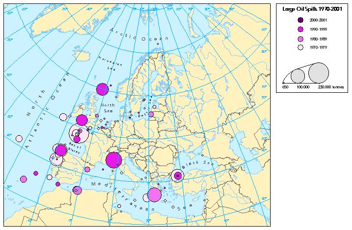 Map 1: Large tanker spills, 1970-2001 Source: EEA 2002 Assessment of the sub-indicator A few very large accidents are responsible for a high percentage of the oil spilt from maritime transport.