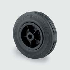 Wheels for assembly in series 3470 PVO/PVR/PIR Wheel centre: Polypropylene, black Tread: solid rubber, black PVO = plain bearing PVR = Wheel sizes: 080 mm to 200 mm Ø Load capacities: 70 kg to 205 kg
