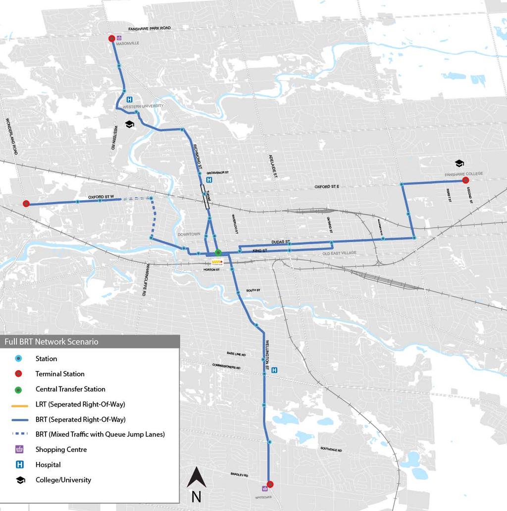 Full BRT Network Alternative This BRT network alternative incorporates additional road widening along the corridors and a number of major structural projects, including a Richmond Street Rapid