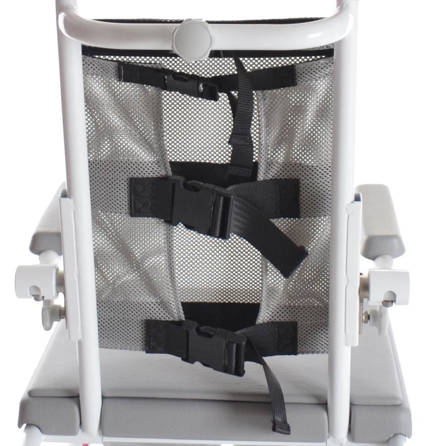 M2 Mini shower/commode The backrest is made of netweave so that the water can penetrate the fabric.