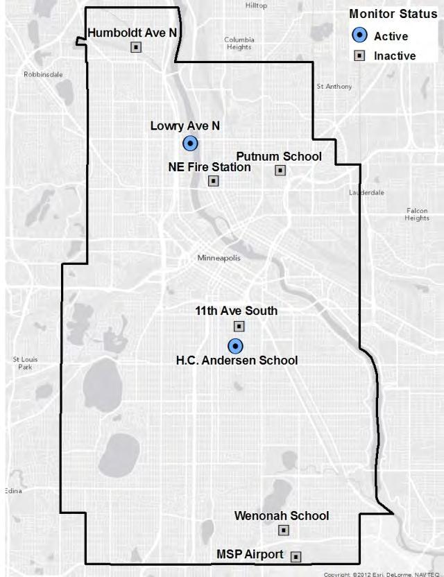 Fine particle monitoring in Minneapolis Fine particles have been monitored at eight locations in Minneapolis including sites in North Minneapolis, the Phillips neighborhood, and near the Minneapolis-
