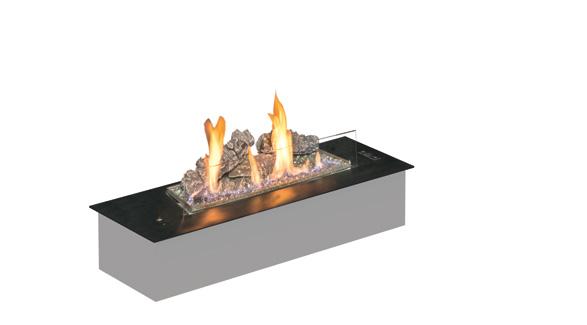 Prime Fire Logs Decorative accessories 2 levels of flame height Optional remote control** BLACK POWDER COATED STEEL Product Length L=700 mm Remote control system** Black powder frame Technical data