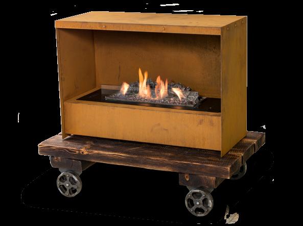 Steampunk Fireplace Free standing Decorative logs 2 levels of flame height Optional remote control** CORTEN STEEL BLACK POWDER COATED STEEL WOOD Product Steampunk Fireplace Decorative platform Remote
