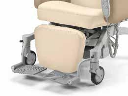 The padded armrests fold-down to improve access for patient transfer. Revolving, foldaway footrest plates provide patient comfort and support.