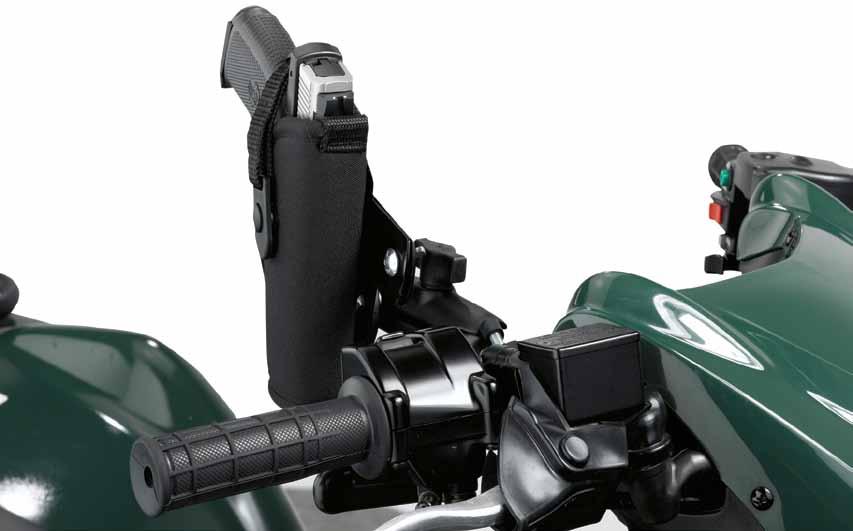 SINGLE GUN RACK > Rubber coated gun rack attaches to handlebars as well as rails (tubular or square) or metal racks > The offset design allows more room for cargo rack space > Soft rubber spurs help
