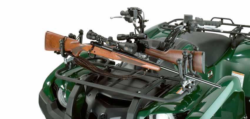 GUN RACK > Rubber coated gun rack attaches to rails (tubular or square) or metal racks > Nylon base design allows rack to custom fit different diameter items by turning rack and tightening