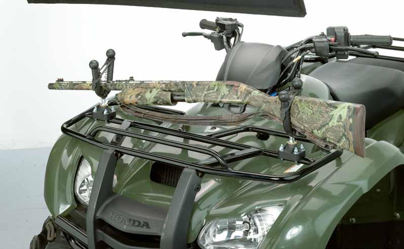 HERITAGE SINGLE GUN RACK > Rubber coated gun rack attaches to handlebars as well as rails (tubular or square) or metal racks > Using the master block mount and the pack-rack plus fork,