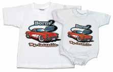 These 100% cotton tees and onesies are silkscreened on the front with the Born 2 Cruz logo and the C1 Corvette.