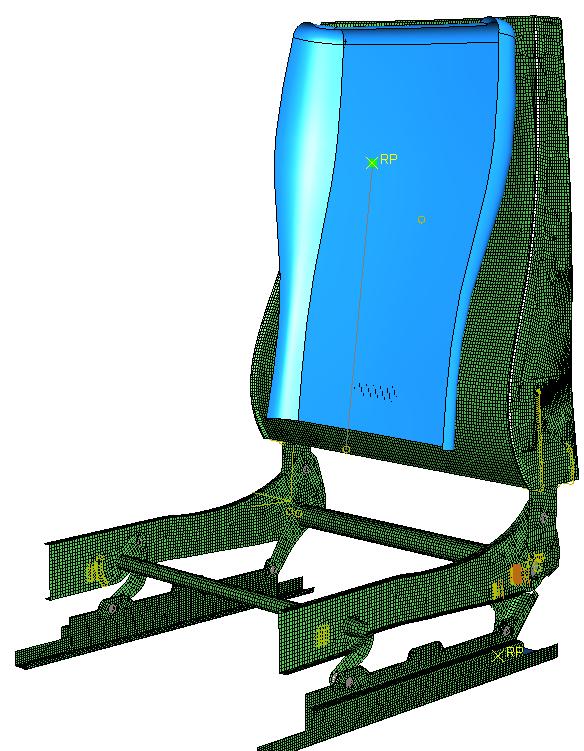 Body From Reference Point Backrest Front mesh Base frame H-point Figure 3-6: Finite Element Setup for Rear Impact Moment Test (Constant Horizontal force) Further details of the ABAQUS model of the