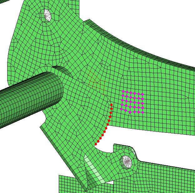 Figure 5-7: Finite Element Model of Height Adjustment Lock Using Tie Nodes to Connect Meshes. The backrest base frame connector is located in the sleeve pocket of the backrest.