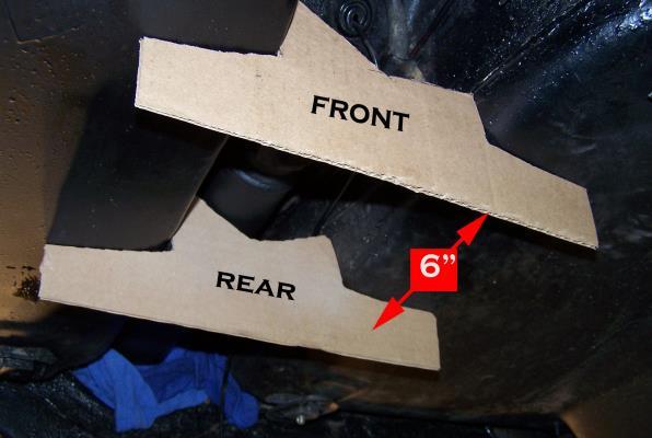 Using a ball peen hammer, bump out the tunnel floor on passenger side enough to match the REAR profile template when positioned just in front of the seat belt anchor plates. See Fig. 6-2.
