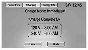 5-30 Instruments and Controls Charge Mode Status Immediately: The vehicle starts charging as soon as it is connected to an electrical outlet. See Plug-In Charging on page 9-44.