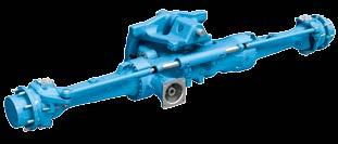The axle utilizes an integral hydraulic power steering cylinder and high steer angle,
