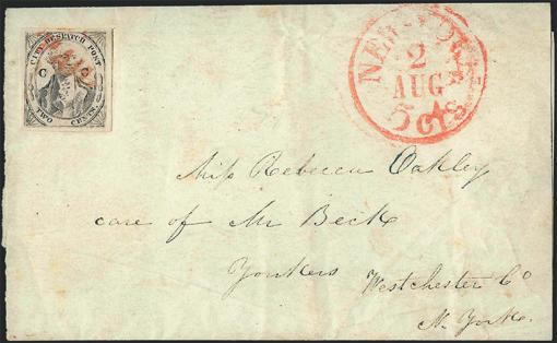 on mail brought to the post office, probably by order of the New York postmaster who may have received complaints about the word Paid appearing on letters which had no prepaid U.S. postage.