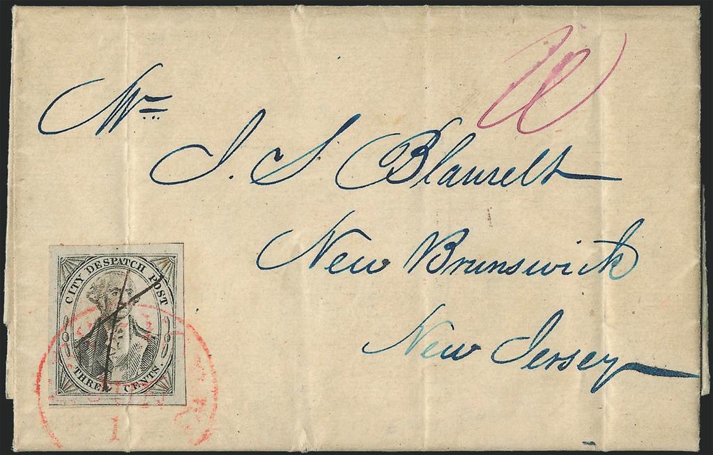 40L1) cancelled by a manuscript X and tied by a red New-York Jun. 1 circular datestamp on a May 31, 1842 folded letter to New Brunswick N.J., also with a magenta manuscript 10 due rate.