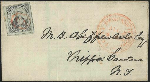 U.S. marking. Only 19 covers are known with what some observers regard as the first U.S. postage stamp. Among these, we view this cover with the U.S. City Despatch Post 3 black on grayish (Sc.