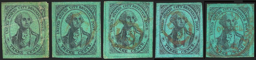 This next lot shows the U.S. City Despatch Post 3 black on blue green glazed paper (Sc.