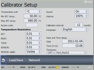 As an example access the Calibrator Setup menu from the vertical menu and activate Load/Save A list of