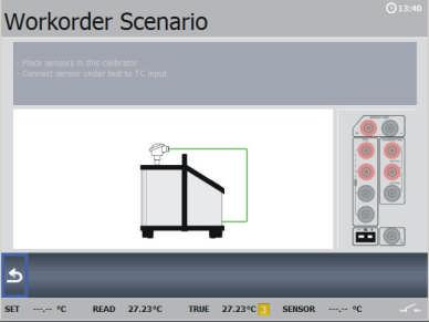 Select Scenario to access the Scenario function. A Workorder Scenario is displayed. The calibration set up is shown in a graphic format, and the active sensor input is marked.