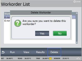4.7.4 Deleting workorders It is possible to delete a workorder using the Delete function from the Workorder List menu. Select Delete to access the Delete function.