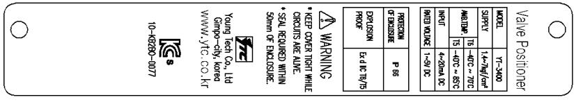 2.3 Label Description Fig. 1: YT-3400/3450 Body Label A. Model: Indicates the model number of the positioner. B. Supply: Indicates the supply pressure range. C. Amb. Temp.