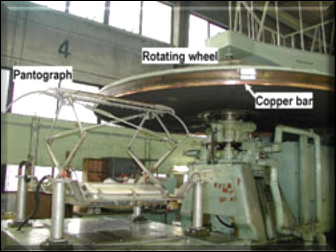 The tested contact strip, which is pressed to the copper plate on the rotating disk, slides at a maximum speed of 500km/h under an electric current flowing between the