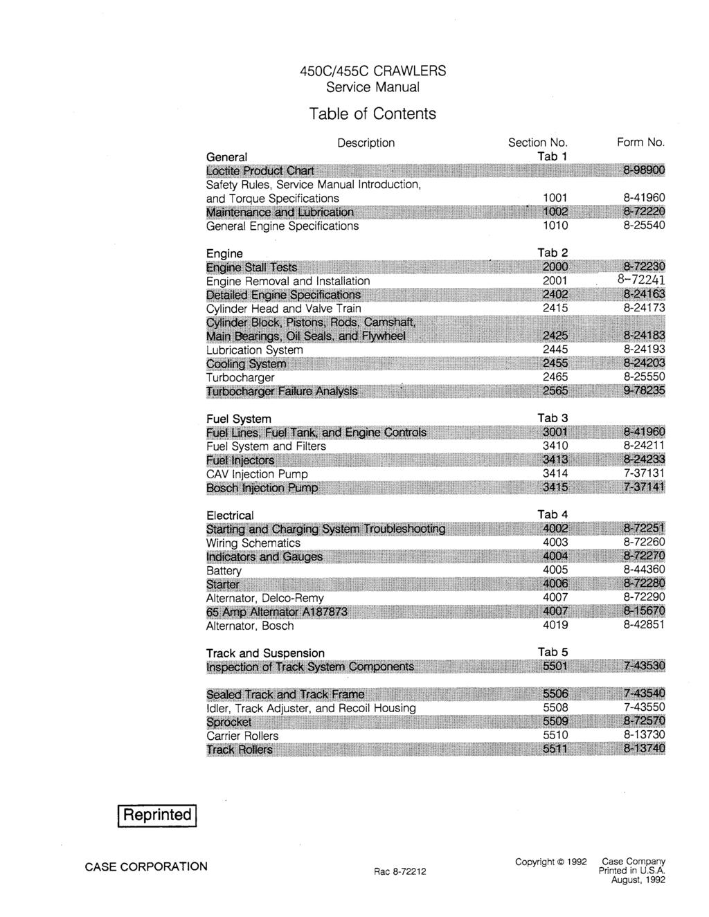 450C/455C CRAWLERS Service Manual Table of Contents Description General llilillllllllllll!llllll!lill&.