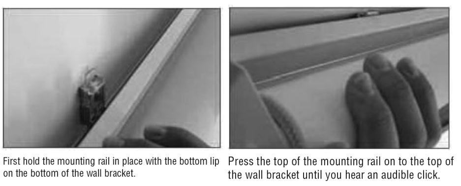 TOUCHLIFT CORDLESS SHADES: Attach the mounting rail to the wall brackets by holding the bottom lip of the mounting rail up to the bottom of the wall bracket that is already mounted on the wall.