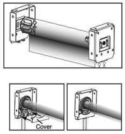 Install the shade o Put the spring loaded pin end into the round hole of the bracket o Keeping the pin end secured in its bracket, insert the hooks on the clutch straight into the two slots in the