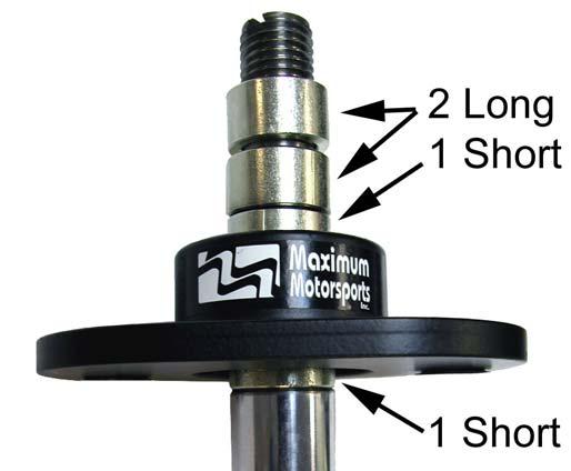 Stock ride height cars with Bilstein, MM Sport, or MM Race series struts: Install 2 long spacers and 1 short spacer below the spherical bearing. Install 1 short spacer above the spherical bearing.