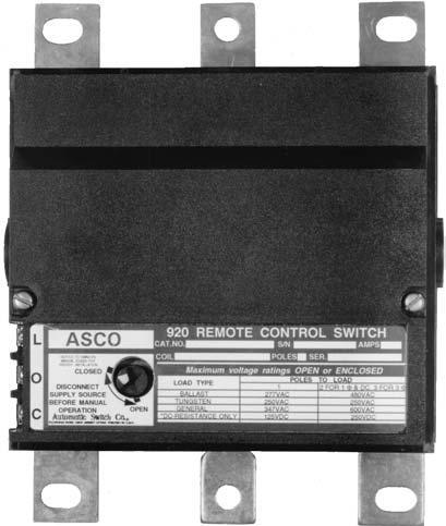 920 Remote Control Switches REMOTE CONTROL SWITCHES Service Bulletin This service bulletin for ASCO 920 Remote Control Switches explains how to replace the main s, operator coil, control s, and how
