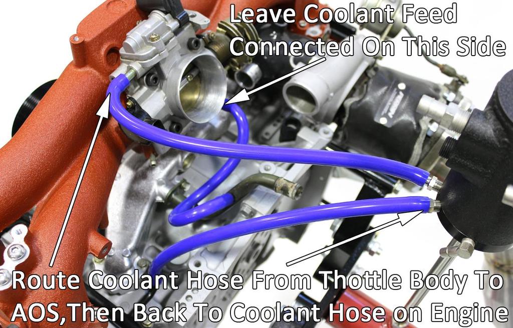 Disconnect coolant hose from throttle body and install supplied 5/16-5/16 plastic adapter into hose. Secure with OEM pinch clamp. e.