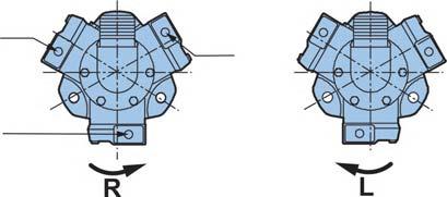 The direction of rotation is indicated by an arrow on the cylinder head. The position of the discharge ports differs according to the direction of rotation.