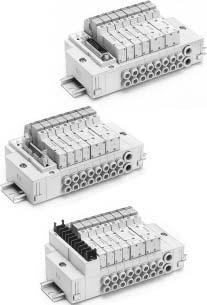 ase Mounted SY000/000 D-sub connector Flat ribbon cable Terminal block Manifold Option Manifold Specifications Model Manifold (SU)/ (EXH) Valve stations Note 1, 2), port Location orting