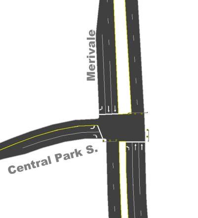 The southbound approach consists of a single right-turn lane and two through lanes. The eastbound approach consists of single left and right-turn lanes. All turning movements are permitted.