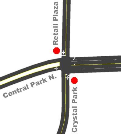 The east, west north and southbound approaches consist of single allmovement lanes. However, Central Park Drive is wide enough for through vehicles to slip around vehicles waiting to turn.