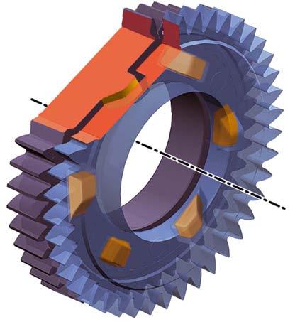cylinder head. (In the right-hand cylinder head, the intake camshaft spur gear is split into two parts.