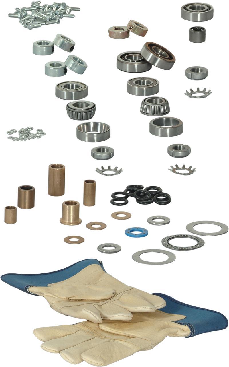 Spare Parts 3 for 46101 (Optional) 46640-20 The Spare Parts 3 model consists of replacement parts. It includes several bearings and seals, collars, assembly components, and a pair of work gloves.