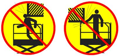 Observe and use color-coded direction arrows on the platform controls and platform decal plate for drive and steer functions. Do not climb down from the platform when raised.