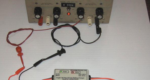Figure 2. AC12050615A-12 shown with 9VDC, 1.7A voltage supply charging two 2000mAh Advantage Circuits polymer-lithium-ion batteries in series.