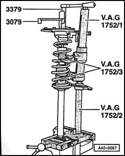 Page 11 of 18 42-31 - Compress coil spring using VAG1752/1 spring compressor until upper spring retainer is free.