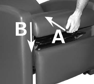 Pull up on the front of the seat until it releases (A), then pull seat out away from the front of the chair (B). Seat is tethered to chair frame.
