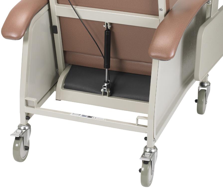 CLINICAL CARE RECLINER Articulating Headrest Gas Spring Actuating Lever Upholster Back Upholster Seat Padded Push Handle Upholstered Legrest Skirt Upholstered Arm Support