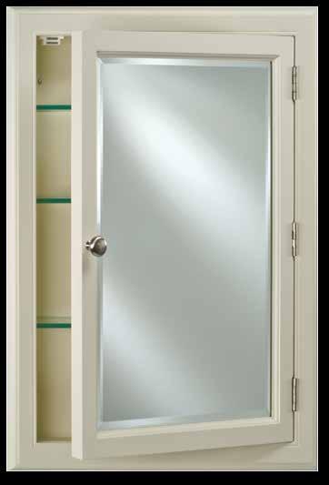 Devon I Single Door White or Biscuit Finish Fully Flush to the wall when recessed Finished sides allow for Surface Mounting 3/4 Front Mirror Wood Construction 3 Adjustable High- 3/8 Tempered Glass