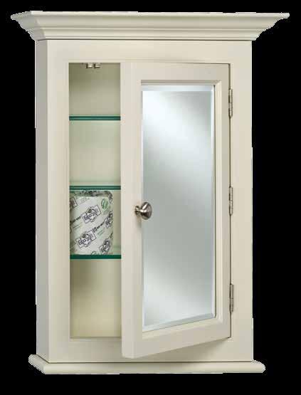 Wilshire II Single Door Semi White or Biscuit Finish Top Crown Molding 3/4 Front Mirror Wood Construction 3 Adjustable High- 3/8 Tempered Glass Shelves Hinge Right Only Hardware is Vanderbilt Single