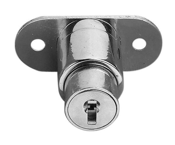 6mm (1 1/8 ) 7600000503 Kason utility lock. Polished chrome. Cylinder depth: 34.9mm (1 3/8 ) FEATURES Disc cylinder Key removable in locked or unlocked position Two brass keys included.