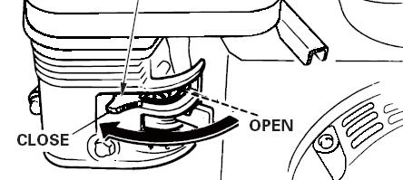 To restart a warm engine, leave the choke lever in the OPEN position. Some engine applications use a remotely-mounted choke control rather than the engine-mounted choke lever shown here.